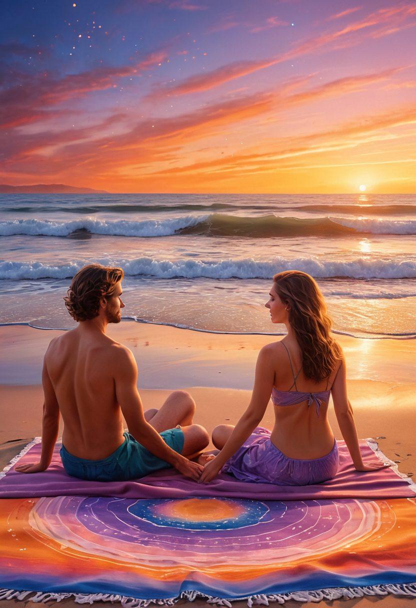 A serene beach scene at sunset, featuring two figures sitting closely together on a colorful beach towel. The sky is adorned with twinkling stars, symbolizing astrology, while subtle zodiac symbols are integrated into the sand around them. Light waves lap gently at the shore, reflecting the warm colors of the sunset. Emphasize the warmth of togetherness and cosmic connection. vibrant colors. super-realistic.