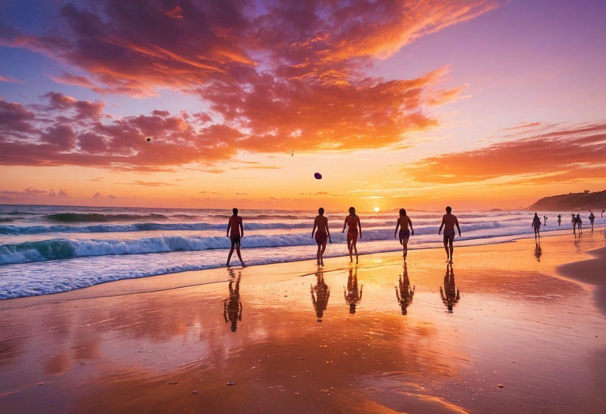 A serene beach scene under a vibrant sunset, showcasing a diverse group of people wearing stylish swimwear that reflects their zodiac signs. Incorporate astrological symbols artistically integrated into the swimwear designs and a whimsical atmosphere that suggests connections and relationships forming. Highlight a splash of ocean waves and playful beach activities in the background. bright colors. dreamy style.